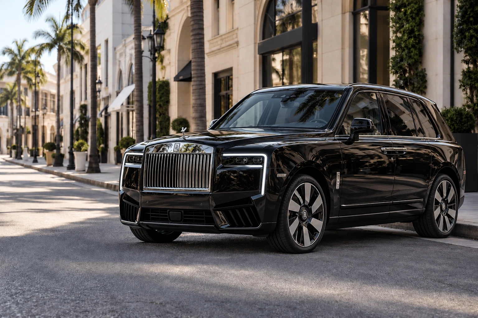 Illustrative black Rolls-Royce Cullinan Series II on Rodeo Drive